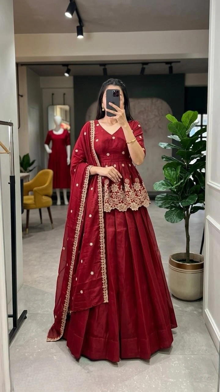 Rust Orange Tissue Silk Peplum Lehenga Set